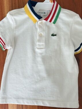 Lacoste White Kids Polo with Multicolor Stripe Collar and Trim